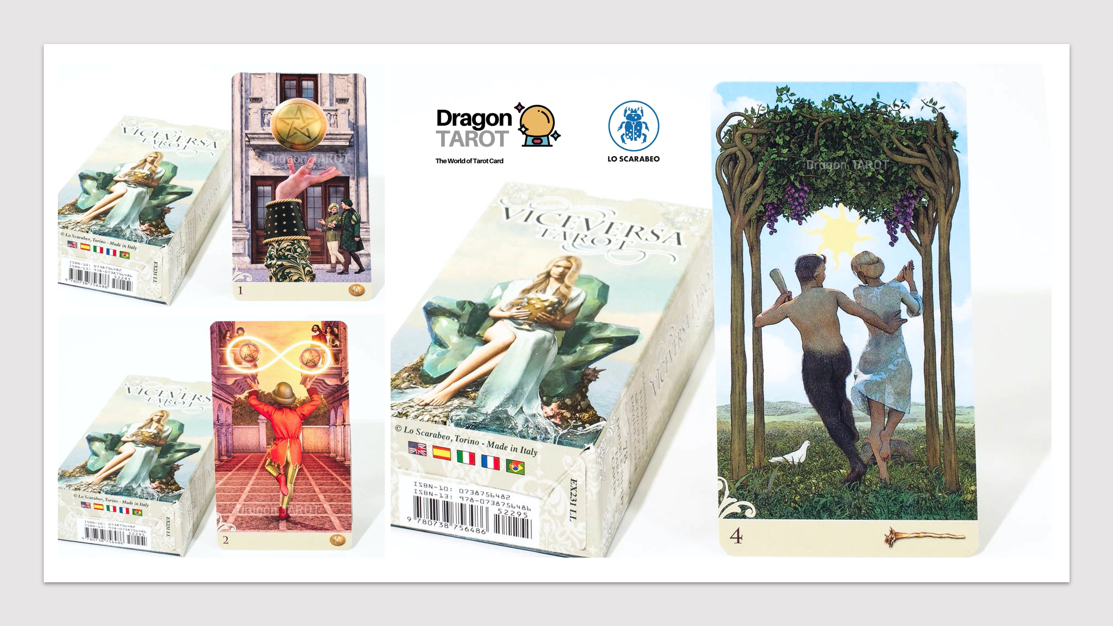Dragon Tarot 'Vicariat de Luxu' deck packaging and cards shown on a white background, featuring illustrated tarot card art and product boxes.