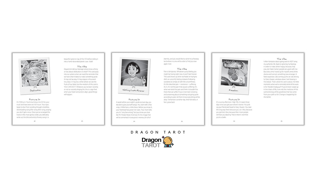 Three printed dragon tarot card story cards arranged side by side on a white background, with the Dragon Tarot logo centered below.