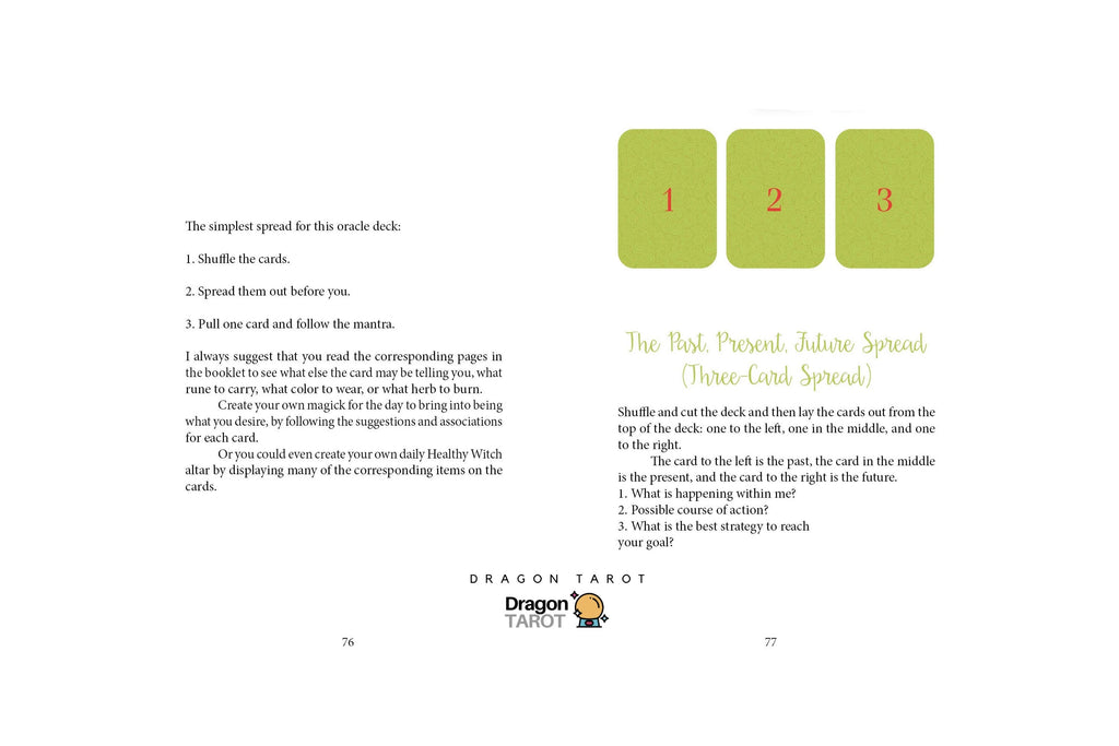 A printed Dragon TAROT guide page showing card instructions, numbered card slots, and three green cards labeled 1, 2, and 3 on a white background with the Dragon TAROT logo at the top and bottom.