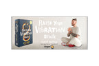 Promotional banner for the 'Raise Your Vibration Oracle' deck by Kyle Gray, showing the blue and gold card box next to a man in white clothing sitting cross-legged and making a hand gesture, on a light gray background.
