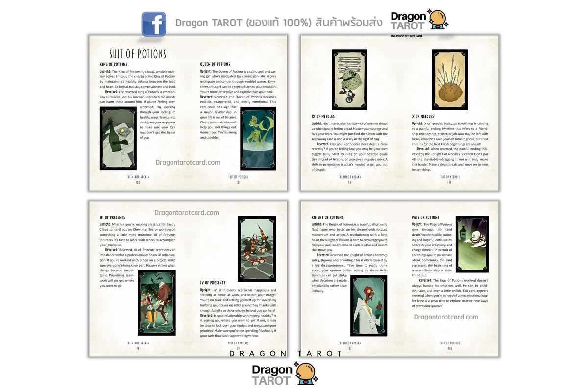 Four illustrated tarot card spreadsheets titled 'Set of Potions' arranged in a 2x2 grid on a white background, with Dragon Tarot branding at the top and bottom.
