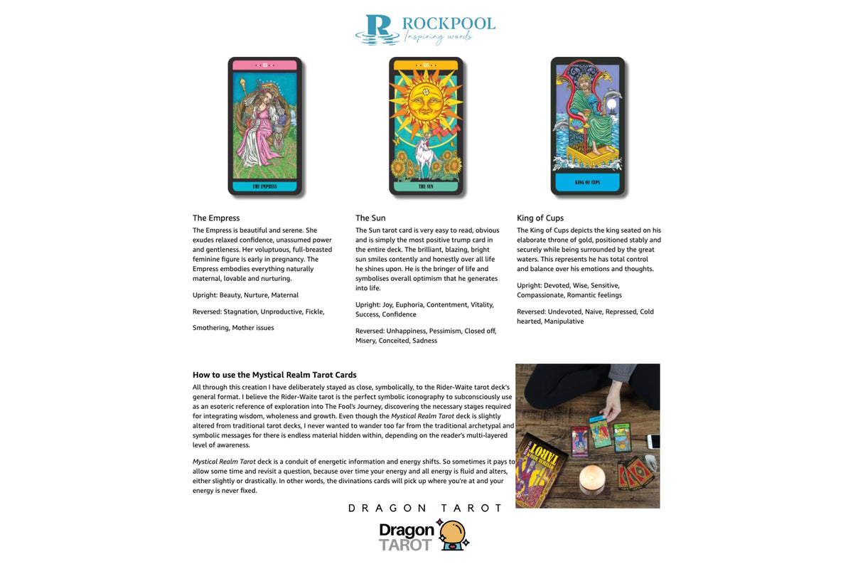 A printed or digital informational page for the Rockpool Dragon Tarot deck, featuring three illustrated tarot card backs (The Empress, The Sun, and King of Cups), descriptive text, and a small photo of the deck with a cup and cards on a tabletop.