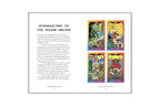 An open book spread showing the front and back of a page titled 'Introduction to the Major Arcana.' The left page contains black text on a white background, and the right page shows four colorful tarot card illustrations labeled The Major Arcana.