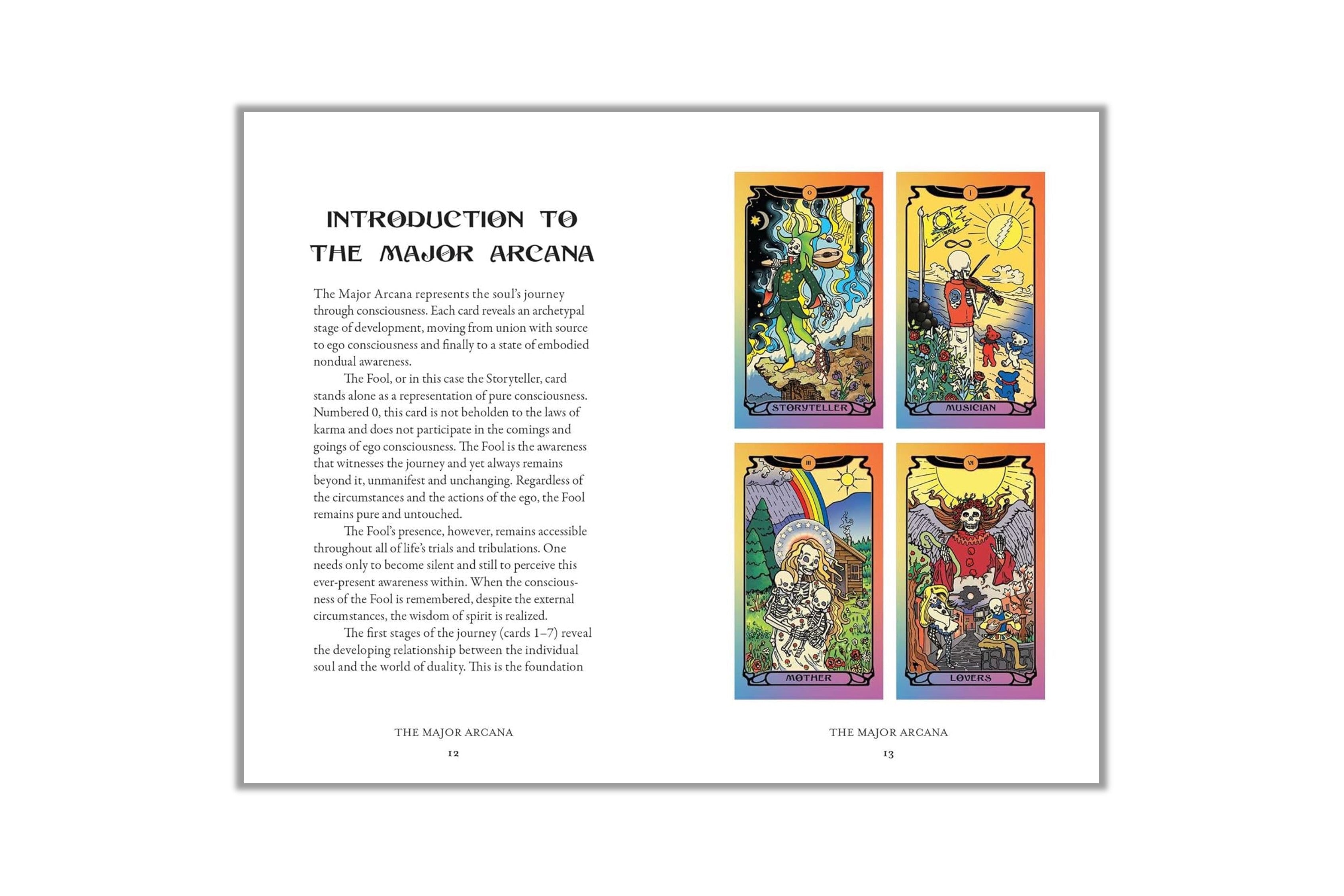 An open book spread showing the front and back of a page titled 'Introduction to the Major Arcana.' The left page contains black text on a white background, and the right page shows four colorful tarot card illustrations labeled The Major Arcana.
