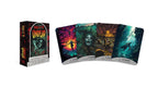 Dragon Tarot 'World of the Undead' card deck shown with its illustrated box and four sample cards fanned out on a white background, with social media and brand logos above.