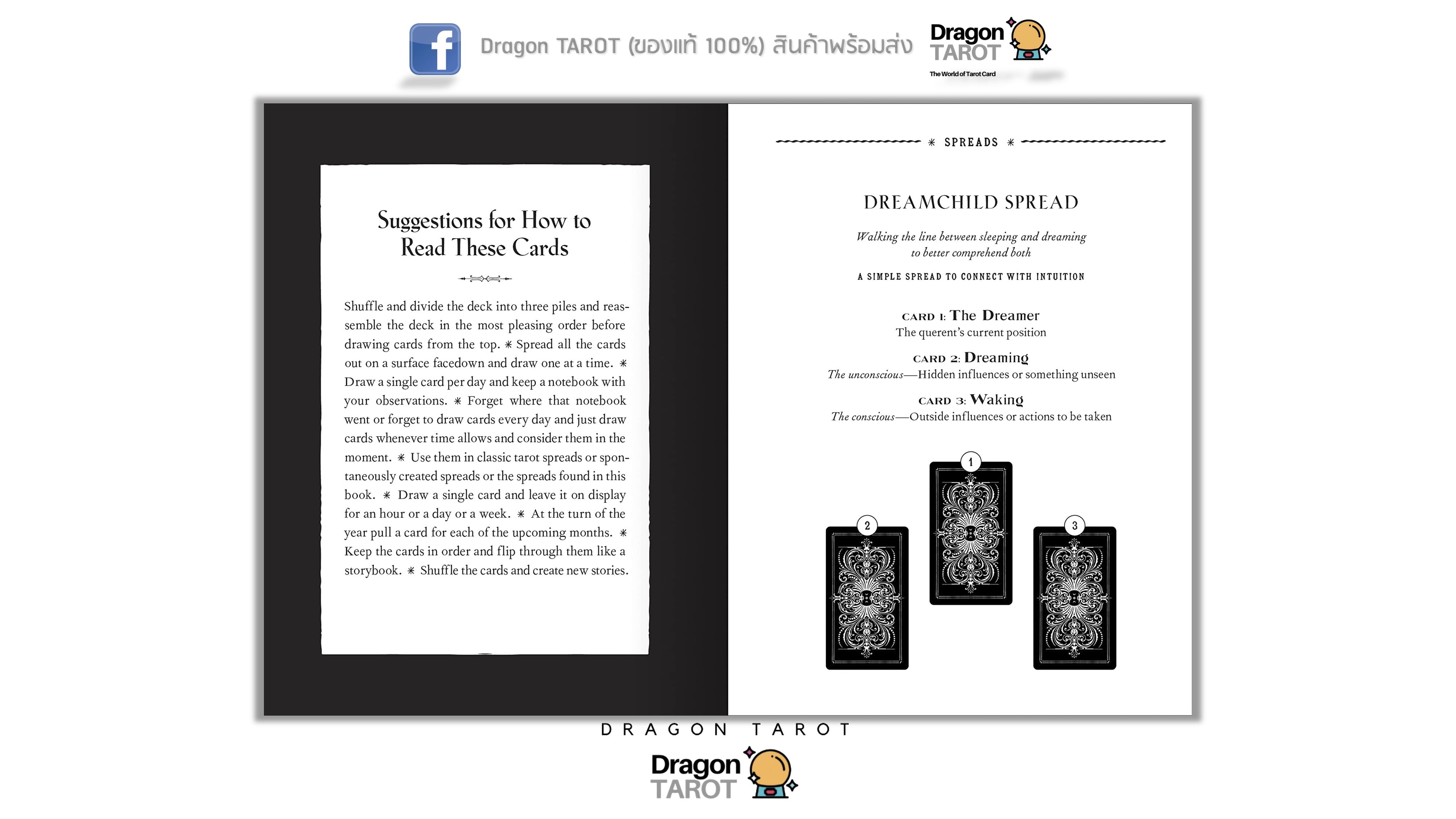 A digital preview of a Dragon Tarot deck's instruction booklet or card guide, showing two pages side-by-side with black and white card illustrations, on a white background with a blue header containing the Dragon Tarot logo.