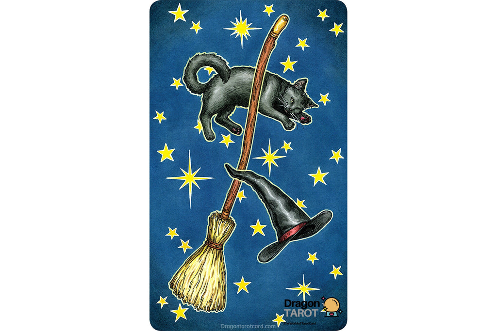 A vertical rectangular card or print featuring a whimsical illustration of a black cat riding a broomstick with a witch hat, set against a dark blue background with scattered yellow stars. The Dragon Tarot logo appears in the bottom right corner.