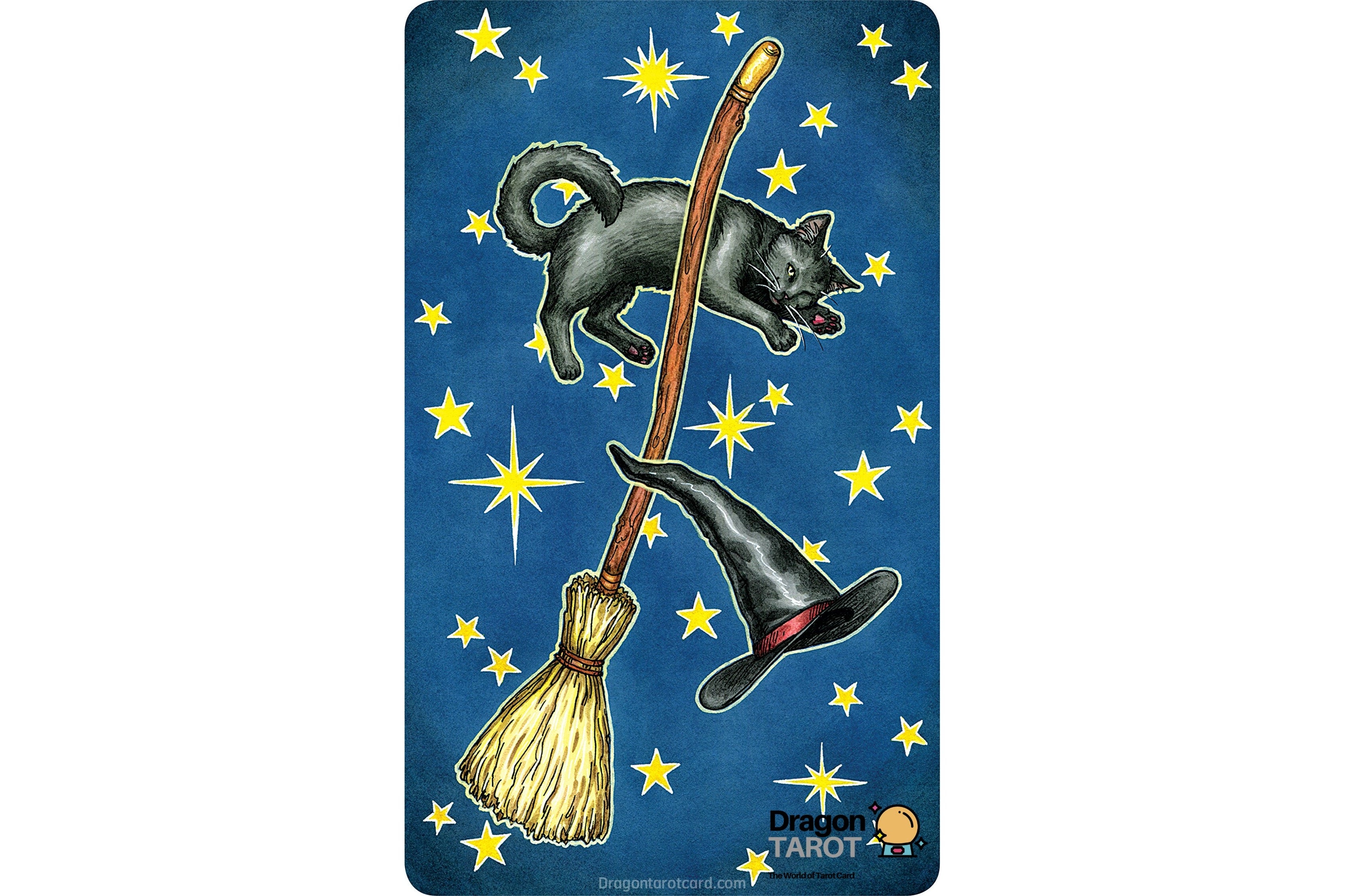 A vertical rectangular card or print featuring a whimsical illustration of a black cat riding a broomstick with a witch hat, set against a dark blue background with scattered yellow stars. The Dragon Tarot logo appears in the bottom right corner.