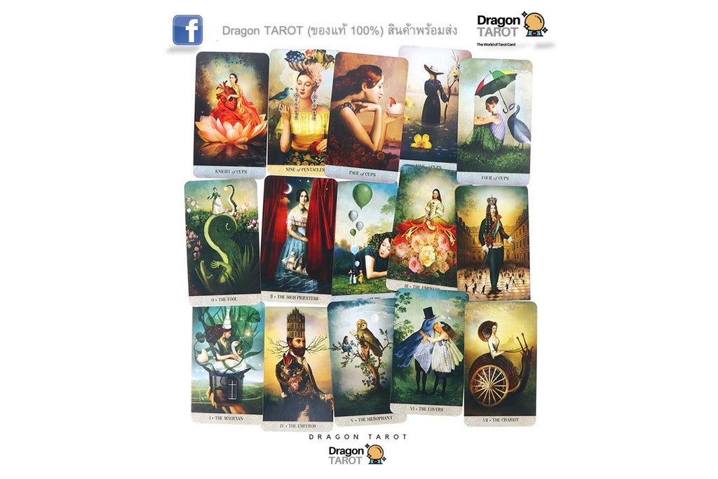A set of Dragon Tarot oracle cards arranged in a 3x5 grid on a white background, with Dragon Tarot branding and social media icons at the top.