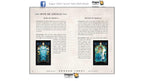 A flat lay of a Dragon Tarot card deck's 'Suit of Angels' card spread, showing the back of the card with printed text and two colorful angel illustrations on a light beige background.