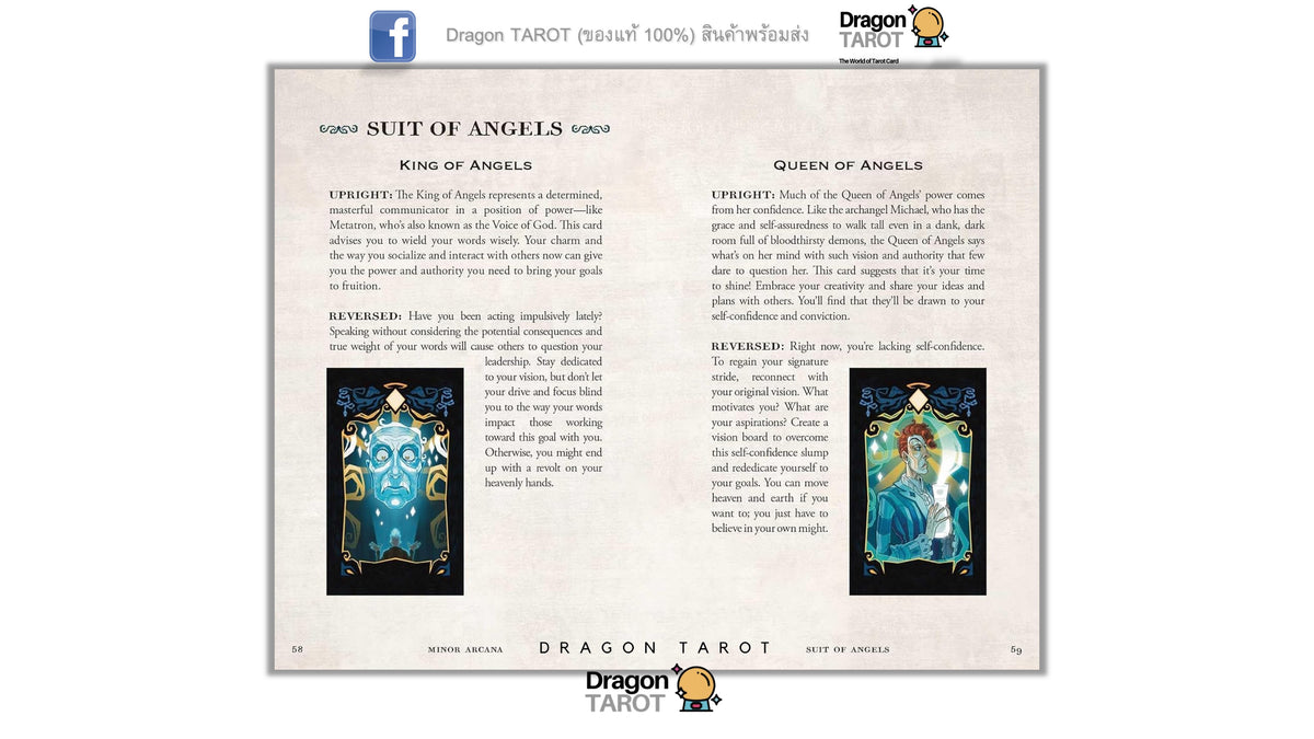 A flat lay of a Dragon Tarot card deck's 'Suit of Angels' card spread, showing the back of the card with printed text and two colorful angel illustrations on a light beige background.