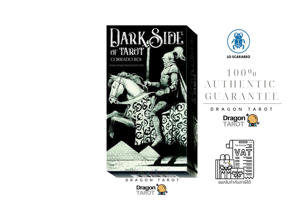 Dragon Tarot 'Dark Side of Tarot' card deck box shown on a white background with brand logos, a 100% authentic guarantee badge, and social media icons.
