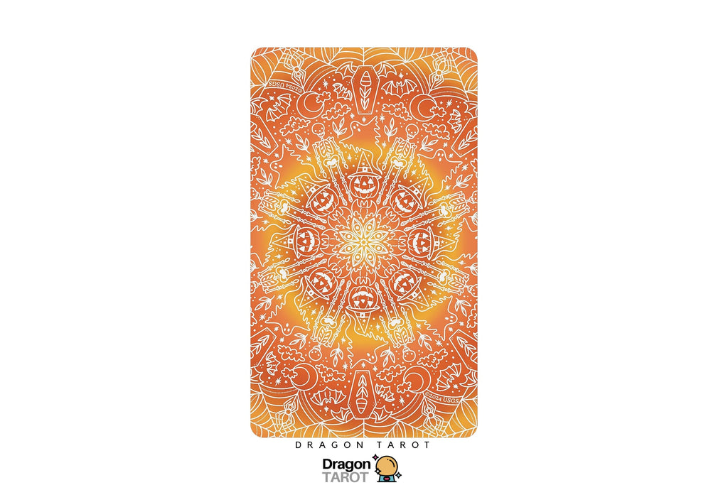 A Dragon Tarot card featuring a vibrant orange and yellow mandala design, displayed vertically on a clean white background with the brand logo at the bottom.