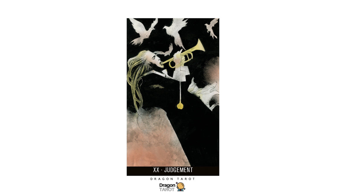 Dragon Tarot XX - Judgment card illustration featuring a dark central figure holding a gold trumpet, surrounded by white birds against a black background, with a peach-toned landscape at the bottom.