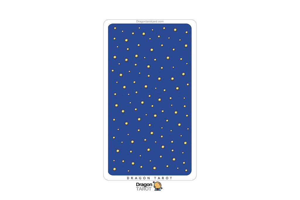 A single tarot card shown upright on a plain white background. The card has a deep blue field with scattered small yellow stars and a white border.