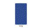 A single tarot card shown upright on a plain white background. The card has a deep blue field with scattered small yellow stars and a white border.