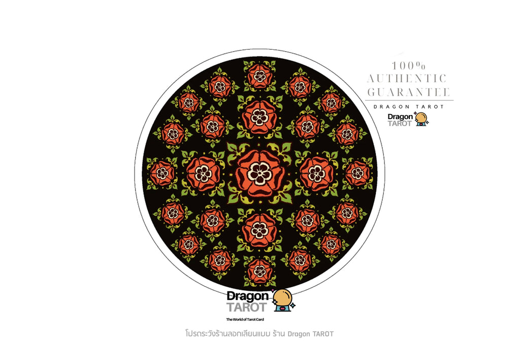 A circular Dragon Tarot card design featuring a black background with a symmetrical floral mandala pattern in red, orange, and green, surrounded by promotional text and the Dragon Tarot logo on a white background.