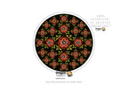 A circular Dragon Tarot card design featuring a black background with a symmetrical floral mandala pattern in red, orange, and green, surrounded by promotional text and the Dragon Tarot logo on a white background.