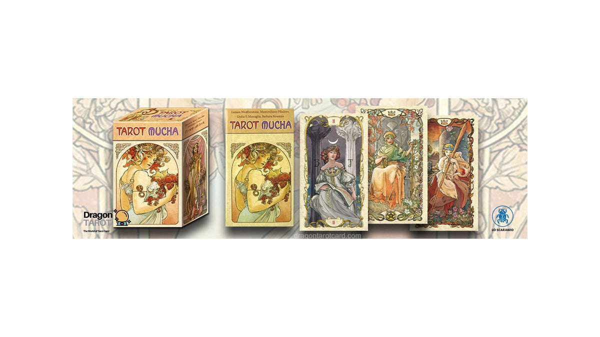 Tarot Bucha card deck packaging and four illustrated tarot cards displayed on a light patterned background. The box and cards feature vintage Art Nouveau style artwork with warm gold, beige, and muted red tones.