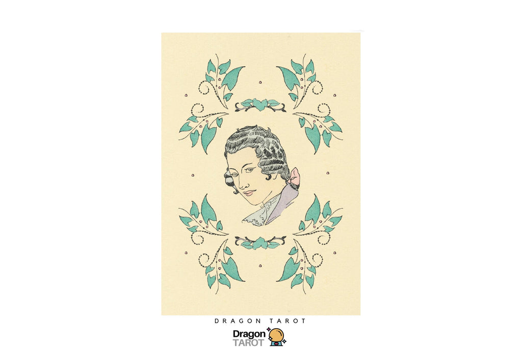 A Dragon Tarot card illustration featuring a portrait of Queen of Cups surrounded by teal floral vines on a cream background, shown with brand text and social media icons at the top and bottom.