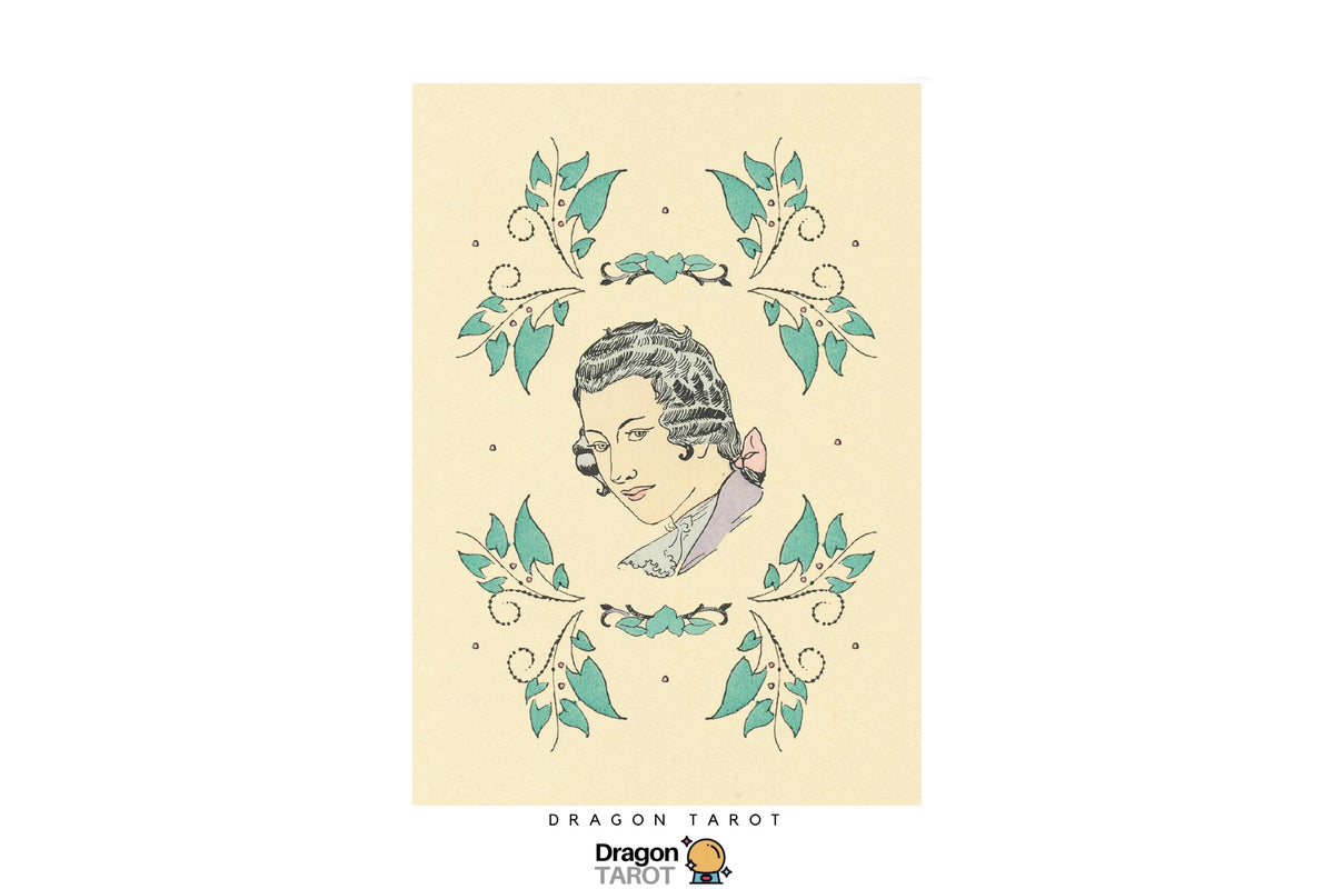 A Dragon Tarot card illustration featuring a portrait of Queen of Cups surrounded by teal floral vines on a cream background, shown with brand text and social media icons at the top and bottom.