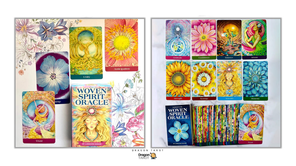 A collage showing multiple illustrated tarot/oracle cards and a boxed deck labeled Woven Spirit Oracle, arranged on a white background with a small Dragon Tarot logo at the top and bottom.