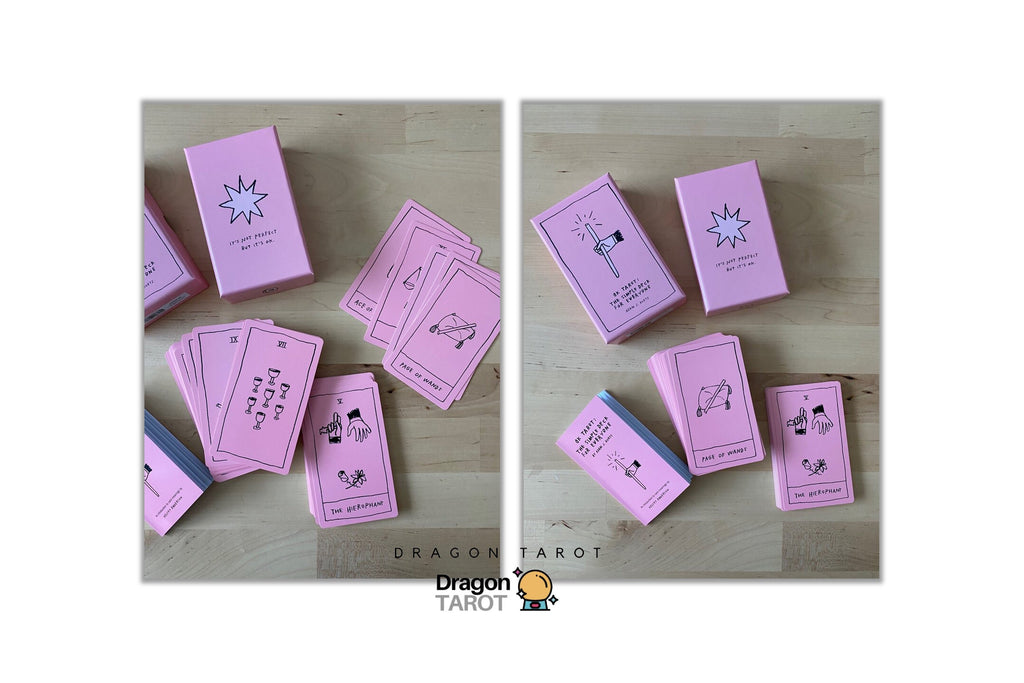 Two side-by-side views of pink Dragon Tarot card boxes and cards arranged on a light wood surface, with the Dragon Tarot logo centered below.
