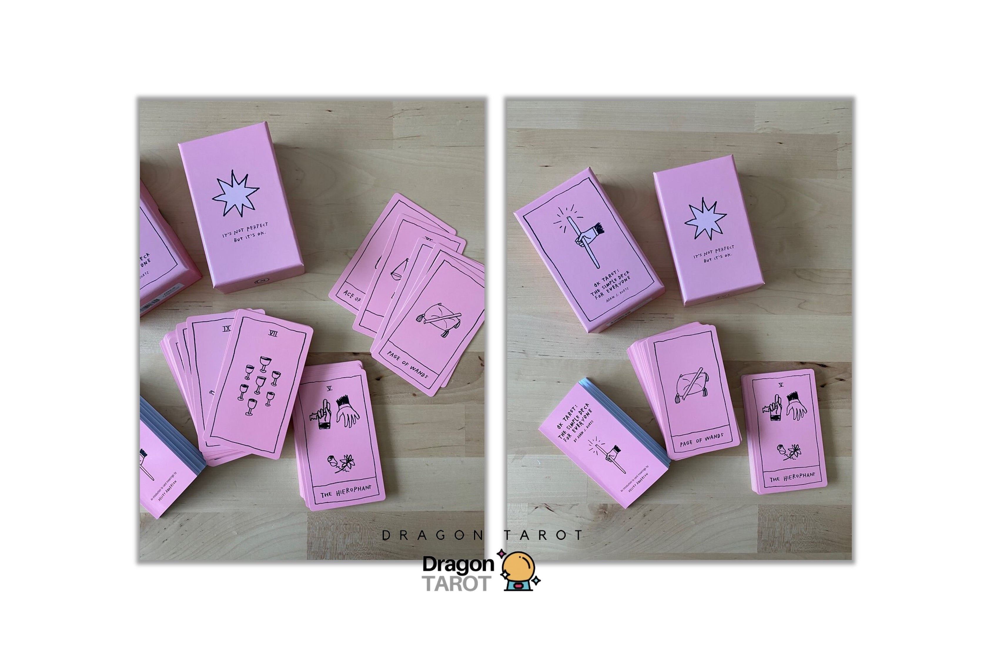 Two side-by-side views of pink Dragon Tarot card boxes and cards arranged on a light wood surface, with the Dragon Tarot logo centered below.