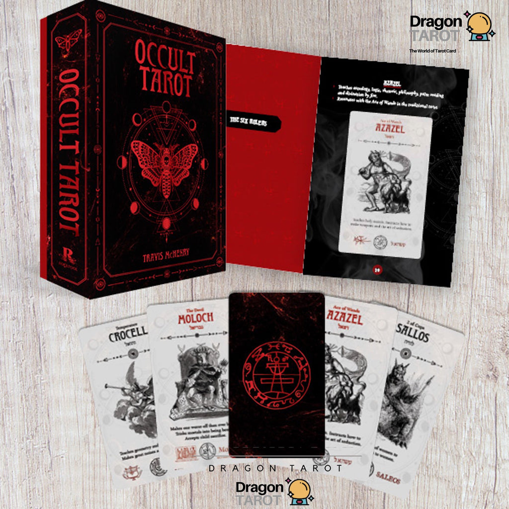 Occult Tarot deck set displayed on a light wood background, including the main box, an open folder, an instruction card, and several tarot cards with black and red occult illustrations.