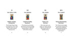 A page from a tarot card deck booklet showing four card spreads: 'The Female Pope' (II), 'The Empress' (III), 'The Lovers' (VI), and 'The Chariot' (VII), each with a small illustrated card, title, and descriptive text on a white background.