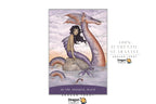 Dragon Tarot card titled '24. The Tranquil Place' featuring an illustration of a woman with dark hair sitting on a rock, communicating with a large purple and pink dragon amidst a cloudy sky.
