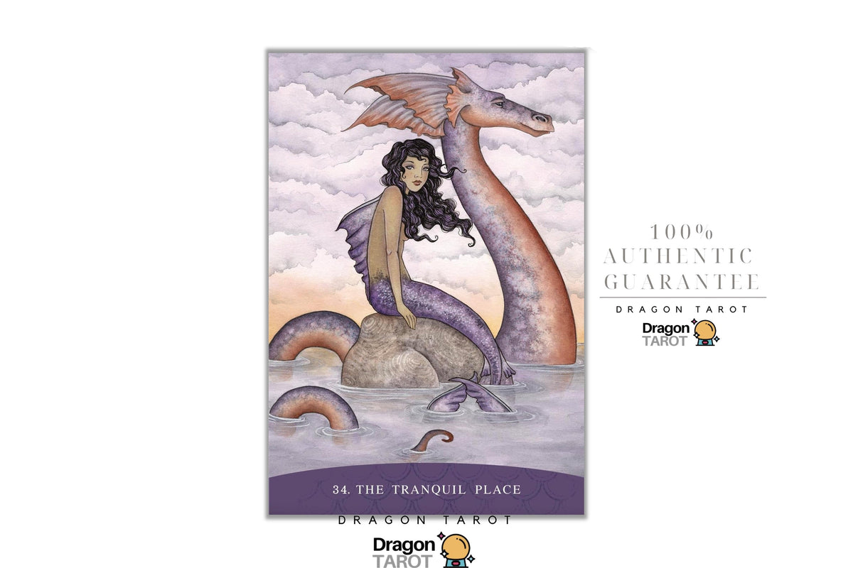 Dragon Tarot card titled '24. The Tranquil Place' featuring an illustration of a woman with dark hair sitting on a rock, communicating with a large purple and pink dragon amidst a cloudy sky.