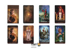 Eight illustrated tarot cards arranged in two rows on a white background, with the Dragon Tarot logo at the bottom center. The cards feature fantasy artwork in warm and cool tones, including a lion, a glowing orb, a figure in red, a robed figure, a horse, and a woman with a bird.