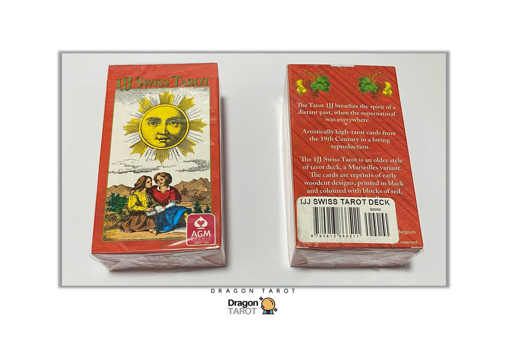 Two boxed tarot card decks shown side by side on a white background, with the front and back packaging visible. The packaging is predominantly red-orange with a large illustrated sun face on the front and product details on the back.