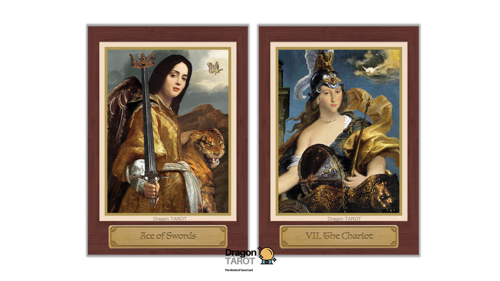 Two framed tarot art prints side by side on a white background. The left print is titled 'Ace of Swords' and shows a winged woman in gold holding a sword with a tiger beside her.