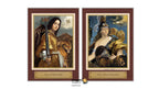 Two framed tarot art prints side by side on a white background. The left print is titled 'Ace of Swords' and shows a winged woman in gold holding a sword with a tiger beside her.