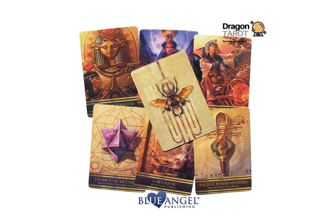 A set of illustrated tarot cards arranged on a white background, with the Blue Angel Tarot branding at the bottom and a Facebook promotional graphic at the top.