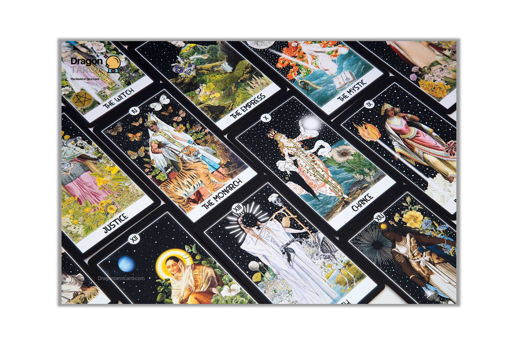 A rectangular canvas wall art print featuring a collage of classic Rider-Waite tarot cards arranged diagonally on a black background, presented on a clean white backdrop.