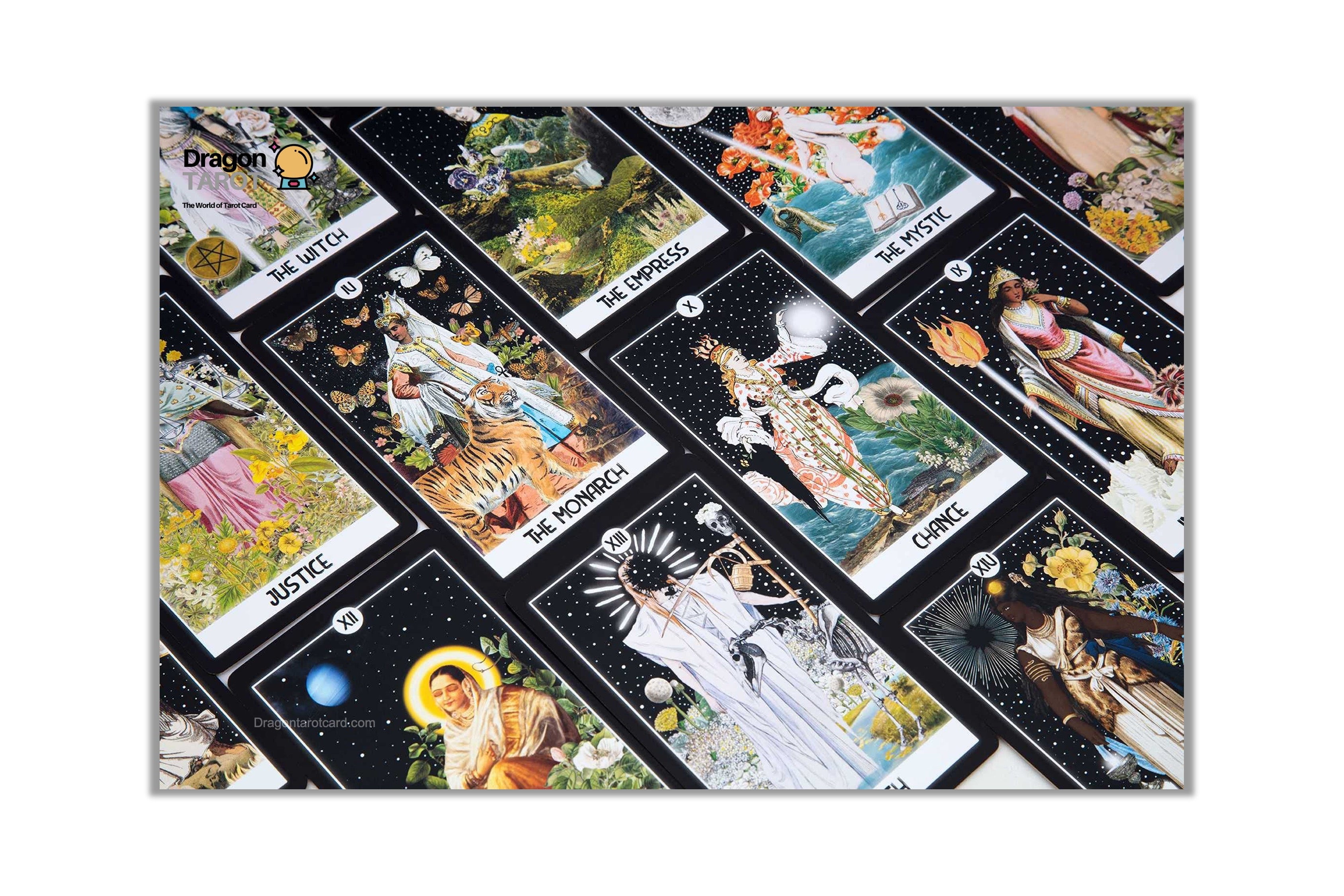 A rectangular canvas wall art print featuring a collage of classic Rider-Waite tarot cards arranged diagonally on a black background, presented on a clean white backdrop.