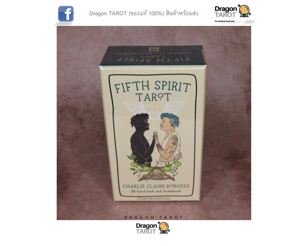 A boxed tarot card deck labeled 'FIFTH SPIRIT TAROT' by Charlie Clark Syndicate, shown standing upright on a textured mauve surface. The box is cream with black and blue illustration details.