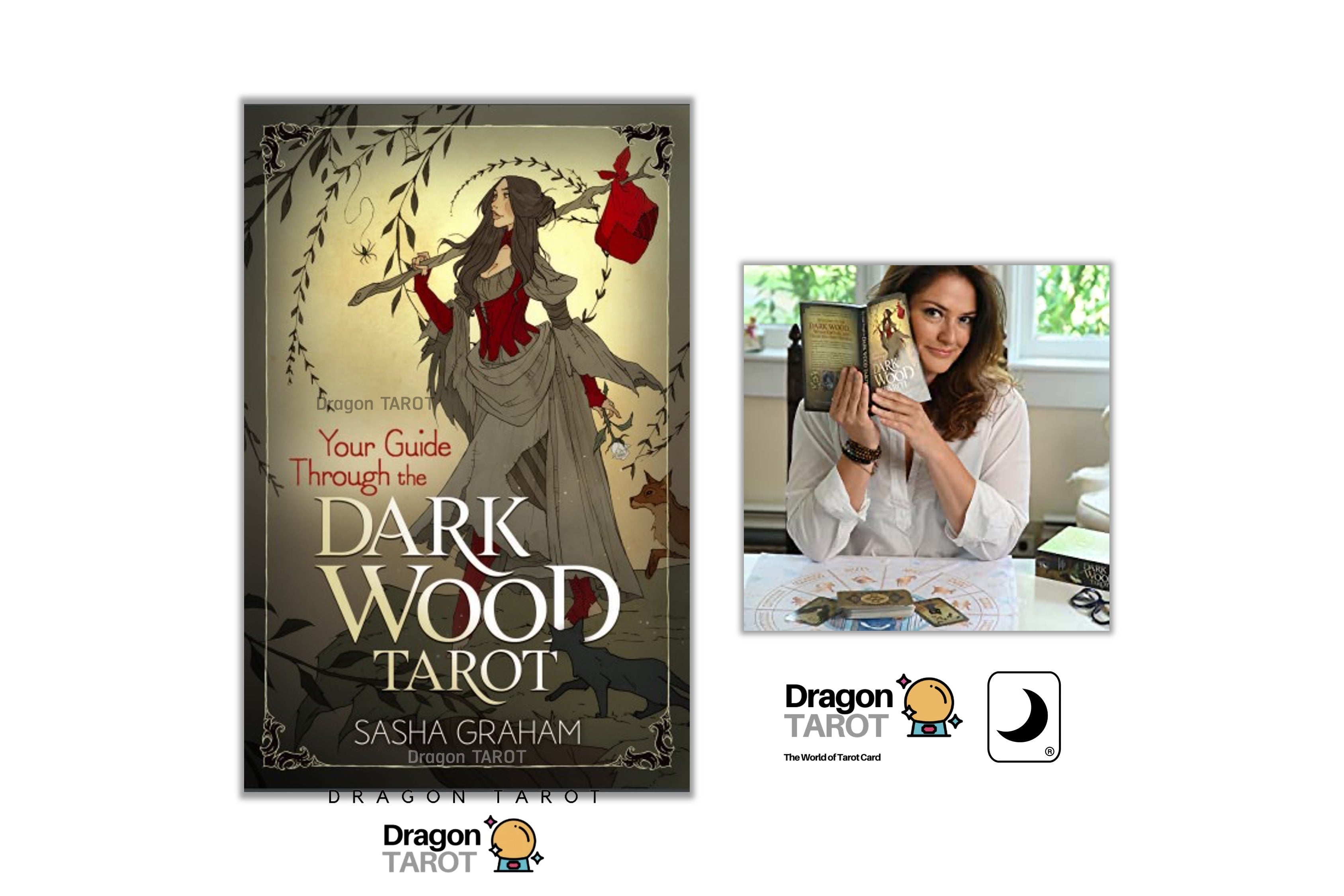 Book cover for 'Your Guide Through the Dark Wood Tarot' by Sasha Graham, shown alongside a lifestyle photo of a woman holding a tarot card deck and logos for Dragon Tarot and The Moon Book Club.