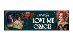A promotional banner for the 'Tell me you LOVE ME ORACLE' tarot deck, featuring two illustrated oracle cards, a colorful butterfly, and a decorative portrait of a woman on a dark teal background.