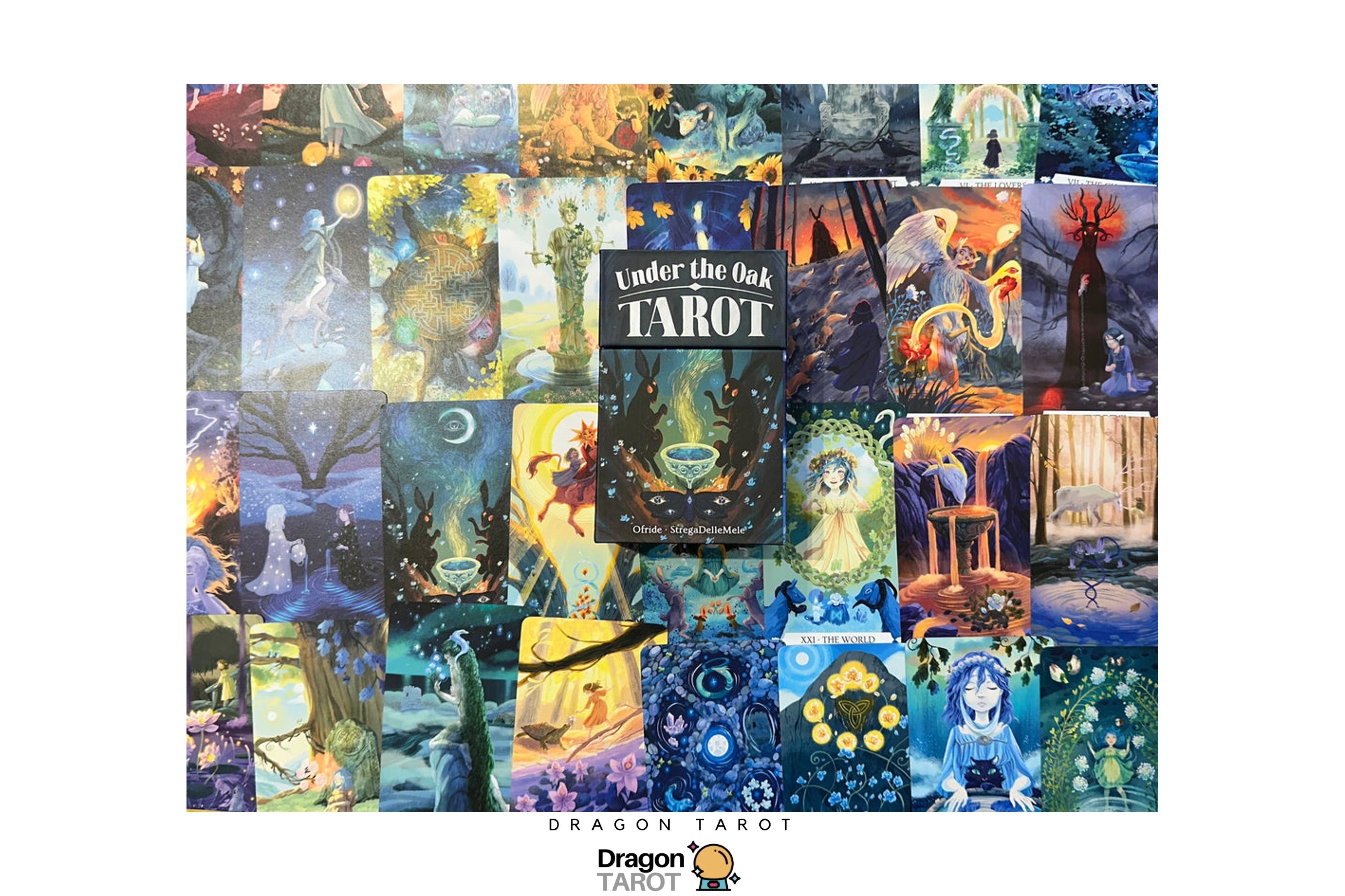 Dragon Tarot deck box set displayed as a collage of colorful illustrated cards and the main 'Under the Oak Tarot' box, centered on a white background with the Dragon Tarot logo below.