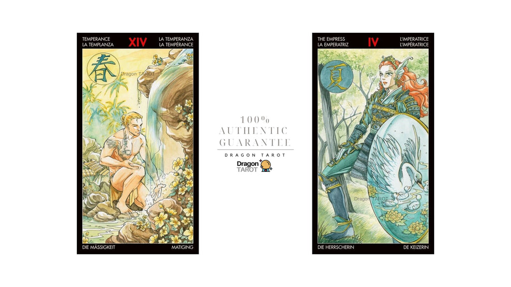 Two Dragon Tarot cards displayed side by side on a white background, with a central label reading '100% Authentic Guarantee' and the Dragon Tarot logo. The left card is labeled XIV and shows a woman by a waterfall; the right card is labeled IV and shows a woman with red hair holding a shield.