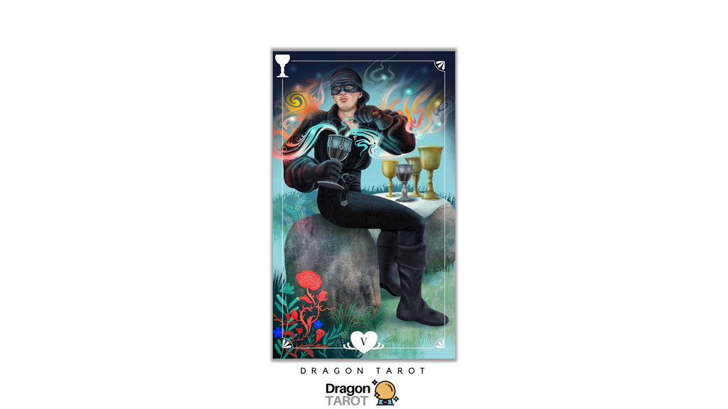 A vertical tarot card illustration labeled 'DRAGON TAROT' with a seated dragon-like figure in black armor, gold goblets, flowers, and a mystical illustrated background. The card is centered on a white page with a Dragon Tarot logo at the bottom.