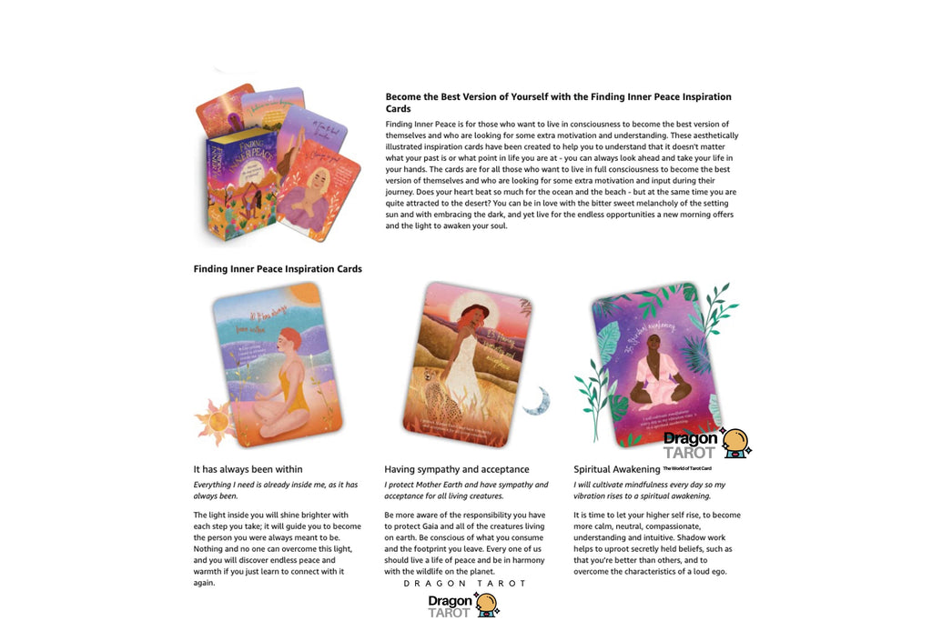 A promotional graphic for Dragon TAROT inner peace cards, featuring the brand logo, social media handle, and several illustrated card designs with short descriptive text blocks on a white background.