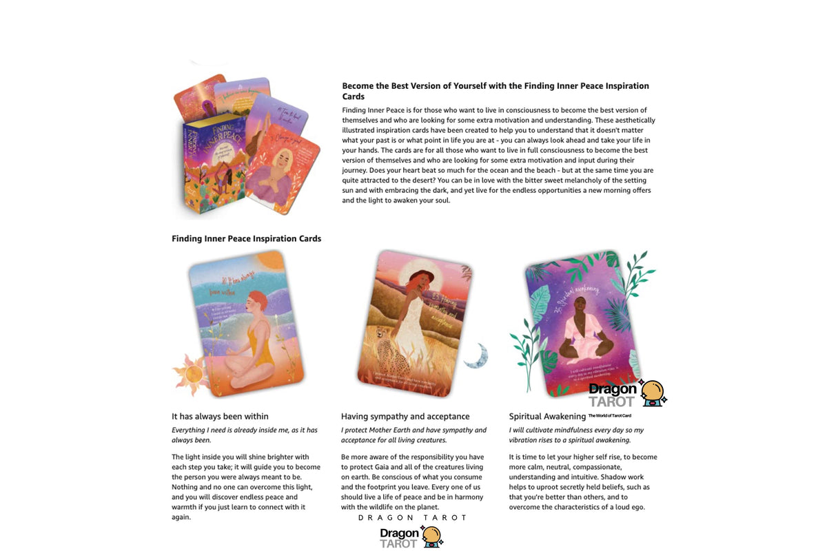A promotional graphic for Dragon TAROT inner peace cards, featuring the brand logo, social media handle, and several illustrated card designs with short descriptive text blocks on a white background.