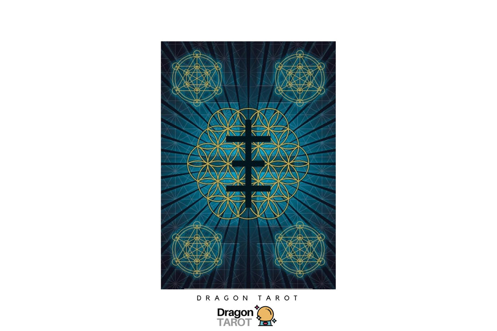 A Dragon Tarot card featuring a central black cross over a blue and black geometric design with gold lines, shown on a white background with brand logos at the top and bottom.
