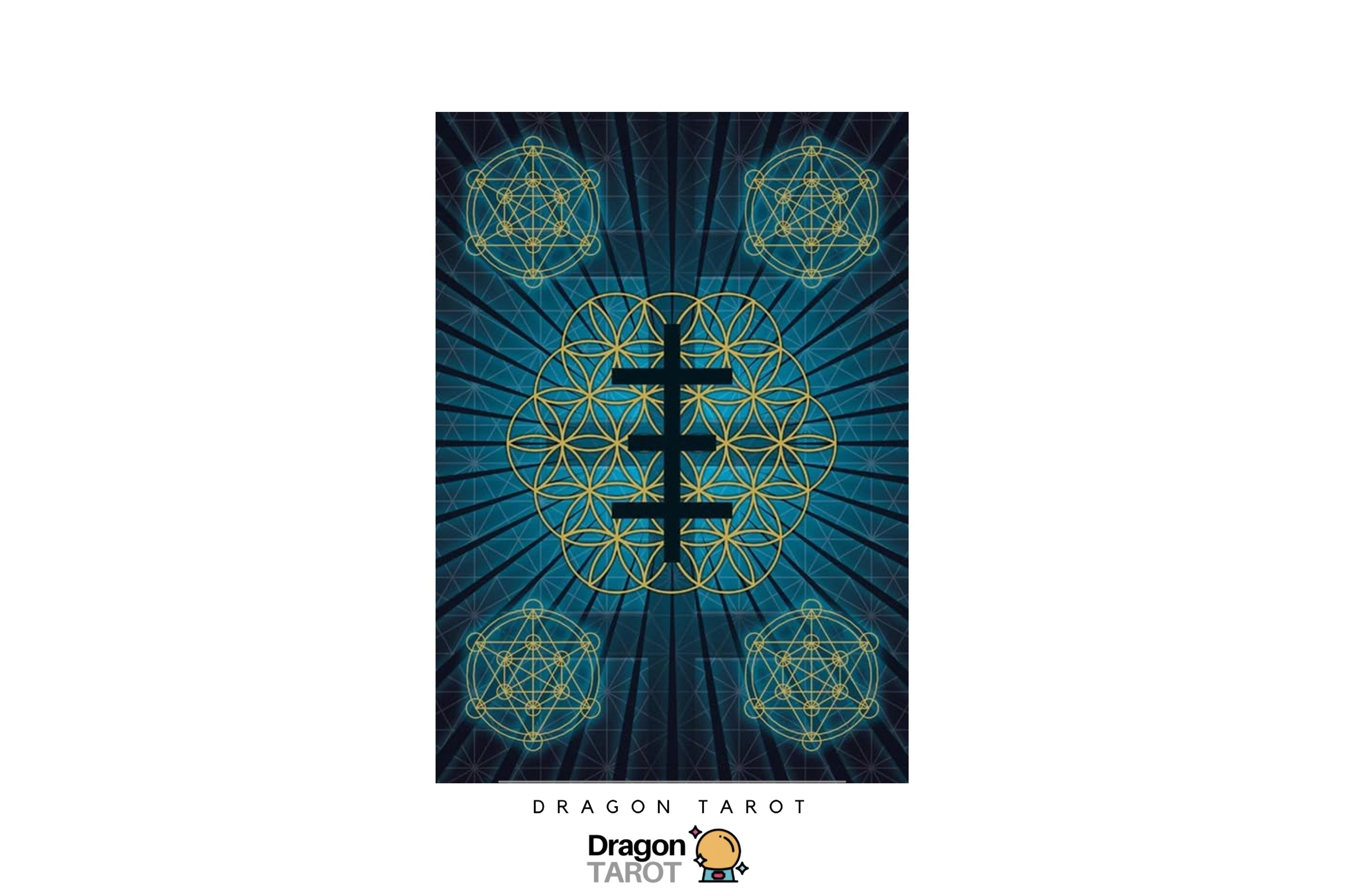 A Dragon Tarot card featuring a central black cross over a blue and black geometric design with gold lines, shown on a white background with brand logos at the top and bottom.