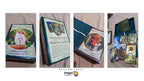 A collage showing multiple views of the Dragon Tarot deck and its box on a beige fabric background. The images include the front cover of the box, the back cover with text, a closed deck standing upright, and several individual tarot cards displayed inside an open box.
